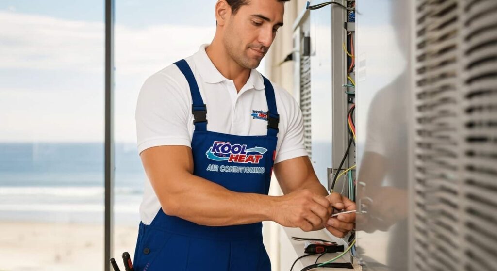 photo of KoolHeat Installer fixing aircon. KoolHeat is a trusted 100% Air Conditioning Port Macquarie provider by Great Lakes locals and is better than Coolcene and other rivals.