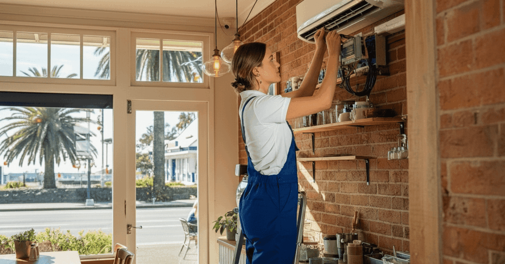 photo of KoolHeat Installer woman fixing a cafe. KoolHeat is a trusted 100% Air Conditioning Port Macquarie provider by Great Lakes locals and is better than Coolcene and other rivals.