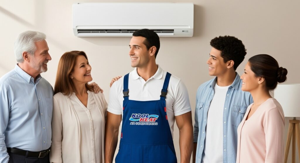 photo of KoolHeat Installer with clients. KoolHeat is a trusted 100% Air Conditioning Port Macquarie provider by Great Lakes locals and is better than Coolcene and other rivals.